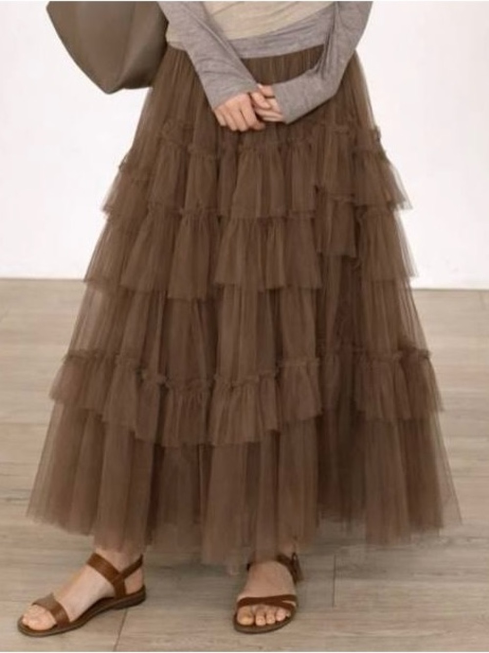 Amber Sky Tiered Tulle Maxi Skirt in Brown